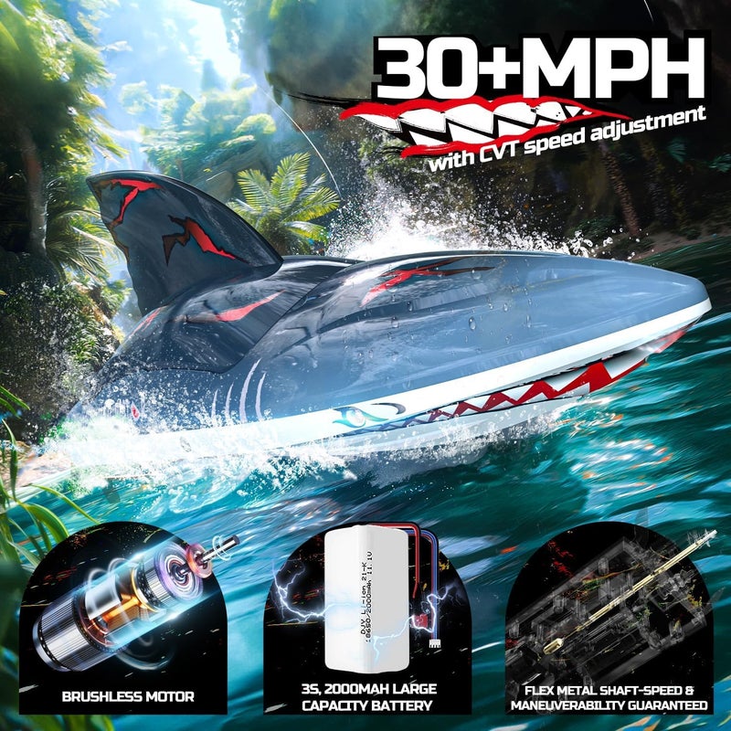 DEERC Fast Brushless RC Boat for Adults, 30+MPH 3S High Speed Remote Control Boat, Self-righting 2.4Ghz Speed Shark with LED Lights, Summer Toy Gift for Kids - Image 2